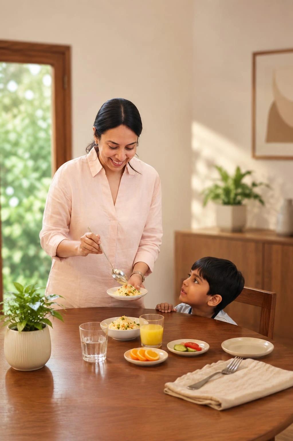 Indian mother calmly serving a nourishing meal to her child at home