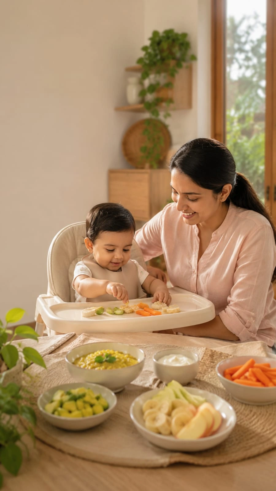Mother guiding baby through first foods