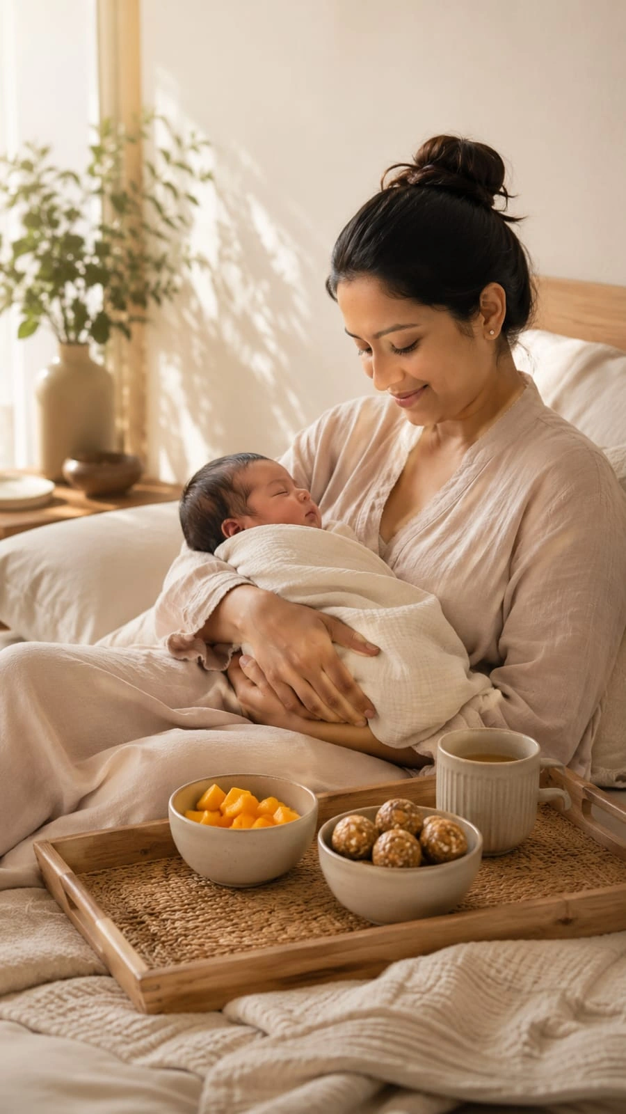 New mother with baby and nourishing postpartum food